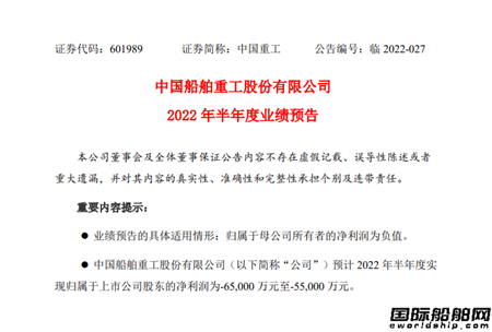 中國重工上半年預虧最多6.5億元由盈轉(zhuǎn)虧