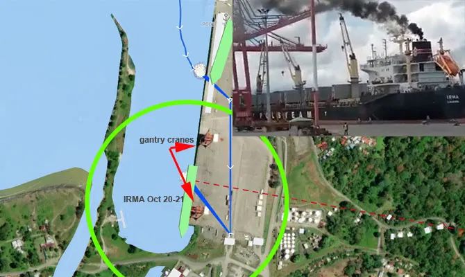 一艘散貨船移泊時(shí)起重機(jī)撞上橋吊