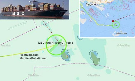 MSC一艘超大型集裝箱船新加坡海峽擱淺