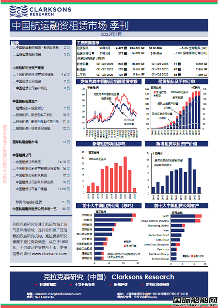 克拉克森研究發布二季度中國航運融資租賃市場報告