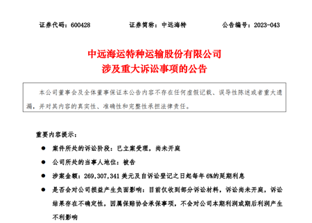 中遠海特涉船舶碰撞事故遭起訴被追償超2.69億美元