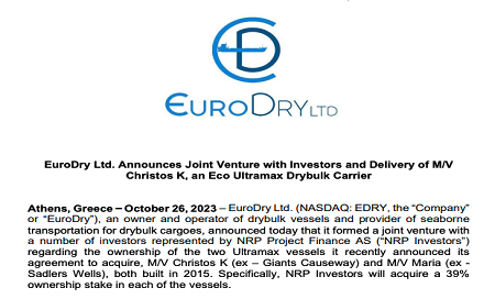 EuroDry成立新合資公司收購(gòu)兩艘Ultramax型船